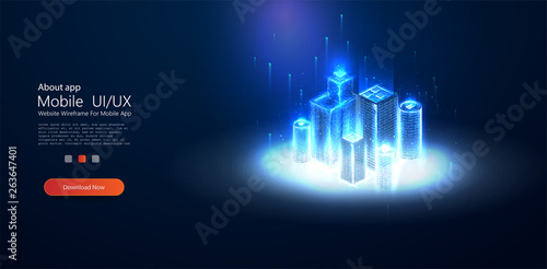 Low poly smart city wireframe. Sparkle stardust. Glittering vector with blue particles on dark background. Architecture urban cityscape technology sketch banner vector illustration