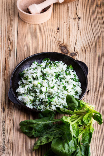 White rice with spinach, plant based meal