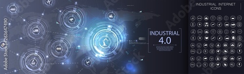 Industry 4.0 banner. Smart city and IoT (Internet of Things) concept. ICT (Information Communication Technology). Modern IOT and Industrial and communication network concept. 