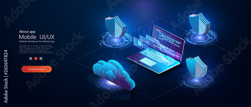 Program development and programming isometric icon, database, cloud computing,laptop Connection concept. Big data digital background.Network digital technology concept.Big data flow processing concept