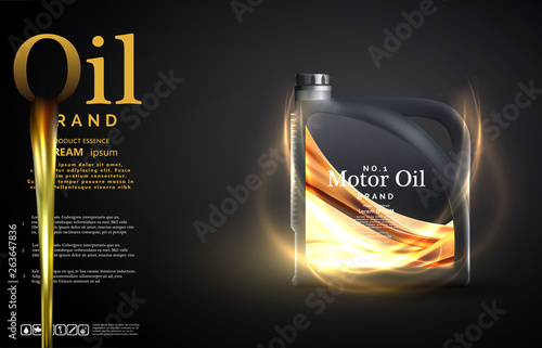 Engine oil advertisement background. Motor oil on the light golden bokeh background with containers,Realistic 3D vector image. canister ads template with brand logo. Vector