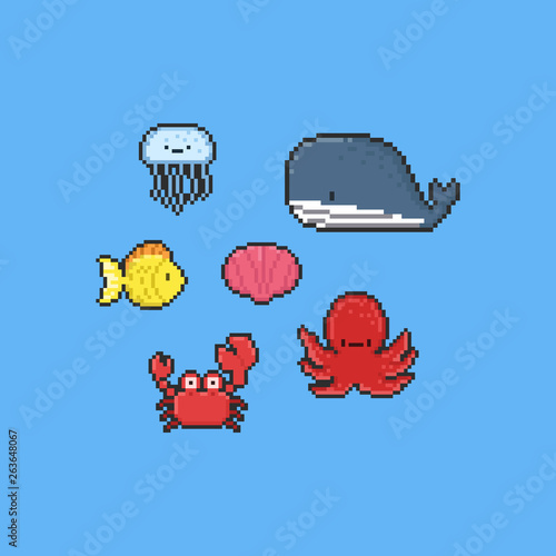 Pixel cartoon sea animal collection.8bit.
