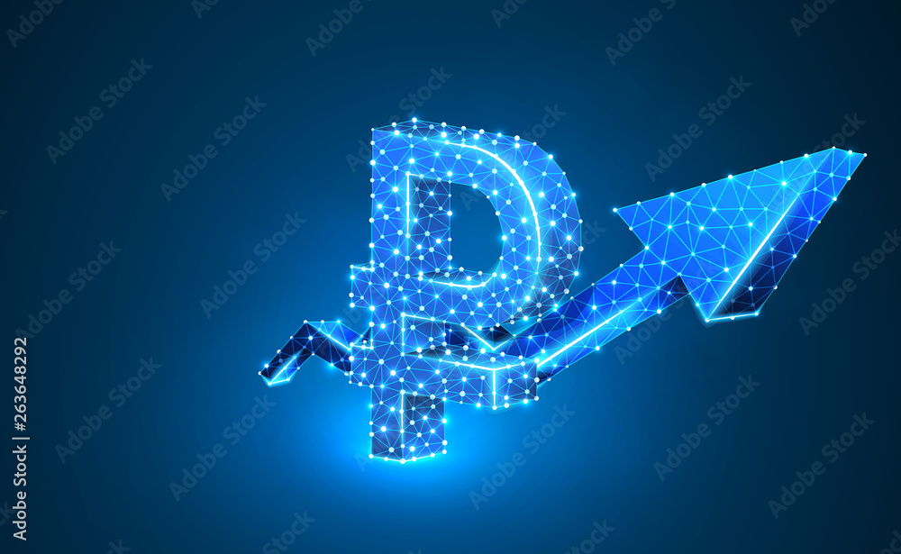 Growth arrow chart, Russian Ruble currency sign, digital neon 3d illustration. Polygonal Vector business success, data cash, finance concept. Low poly wireframe, triangle, lines, dots. Blue background Growth arrow chart, Russian Ruble currency sign, digital neon 3d illustration. Polygonal Vector business success, data cash, finance concept. Low poly wireframe, triangle, lines, dots. Blue background