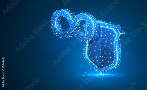 Infinity sign on security shield, abstract neon 3d illustration. Polygonal Vector business concept of time, endless protection. Low poly wireframe, geometry triangles, lines, dots on blue background