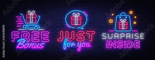 Gifts collection neon signs vector. Surprise design template concept. Neon banner background design, night symbol, modern trend design. Vectro Illustration