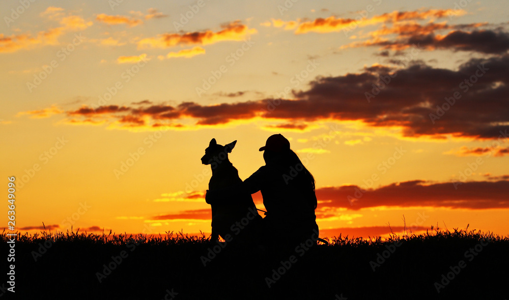 Silhouettes of girl and dog at sunset, breed Belgian shepherd Malinois, incredibly beautiful sunset, best friends together