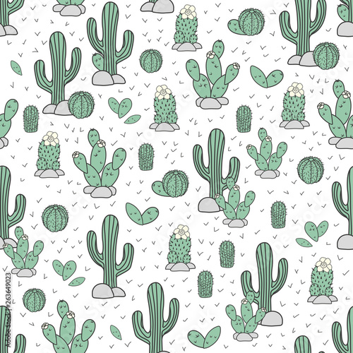 Seamless vector pattern with cactuses and succulents. Home garden cartoon cactuses for wallpaper, curtain, tablecloth.