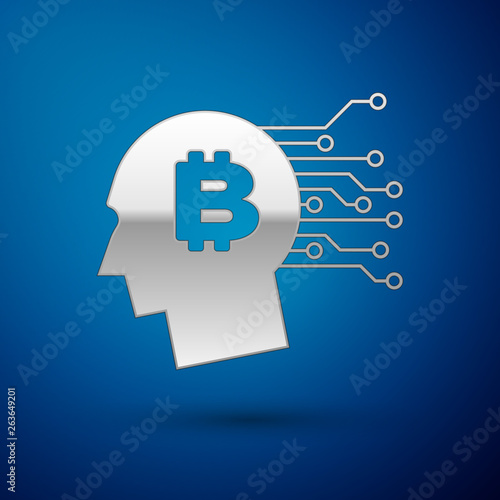 Silver Bitcoin think icon isolated on blue background. Cryptocurrency head. Blockchain technology, bitcoin, digital money market, cryptocoin wallet. Vector Illustration