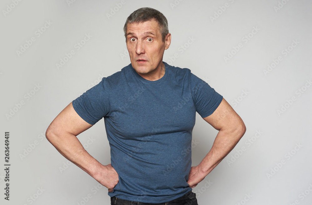 Fototapeta premium Surprised middle aged man looking at camera. Isolated