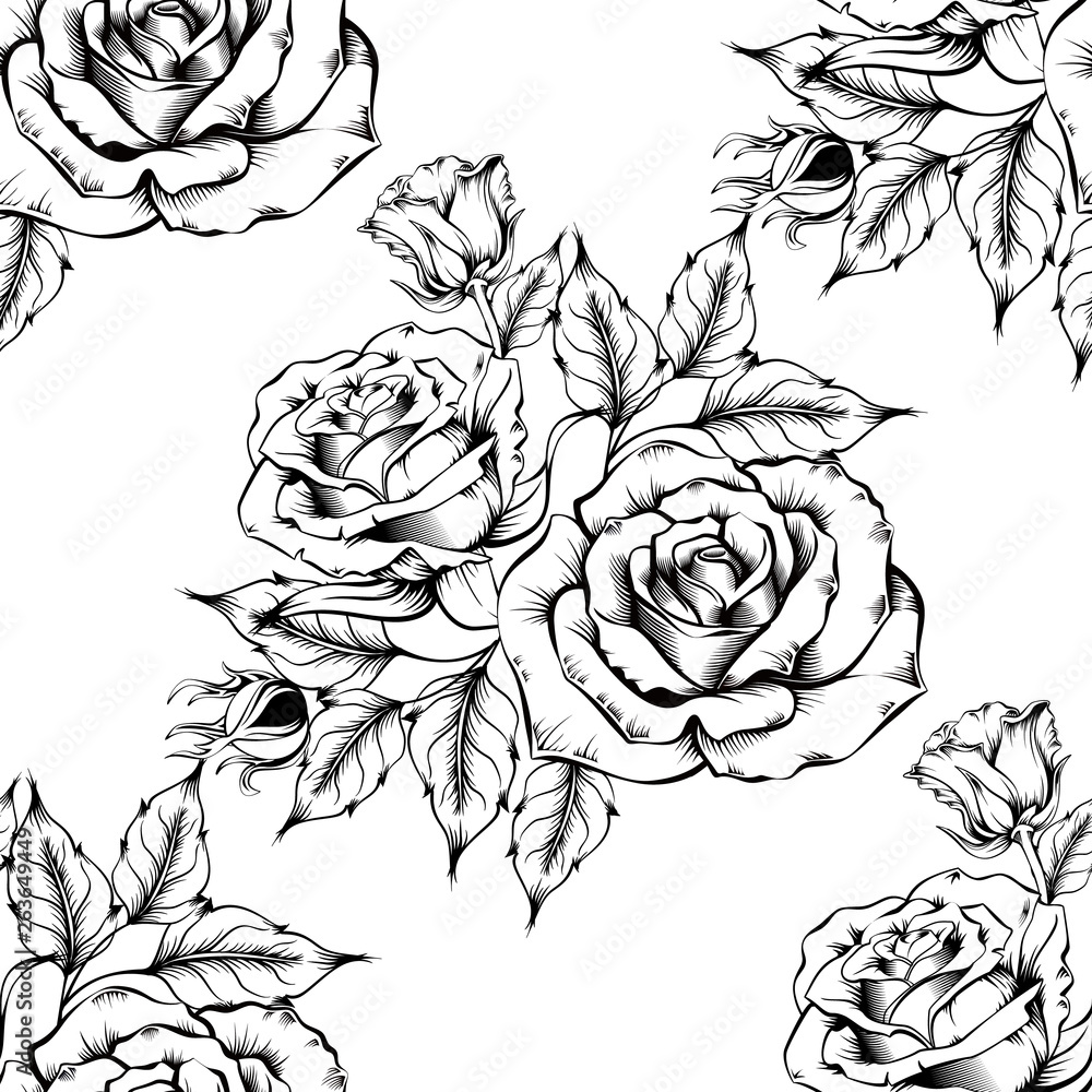 Seamless rose pattern with sketch flowers and leafs. Hand drawn