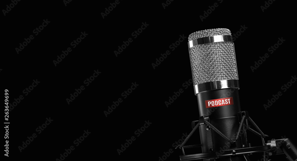 professional microphone isolated on black background. Podcast concept professional microphone isolated on black background. Podcast concept