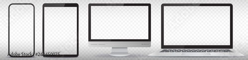 Mobile Phone, Tablet PC, Computer Monitor and Laptop Vector Illustration Set With Transparent Screens