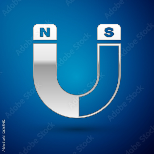 Silver Magnet icon isolated on blue background. Horseshoe magnet, magnetism, magnetize, attraction sign. Vector Illustration
