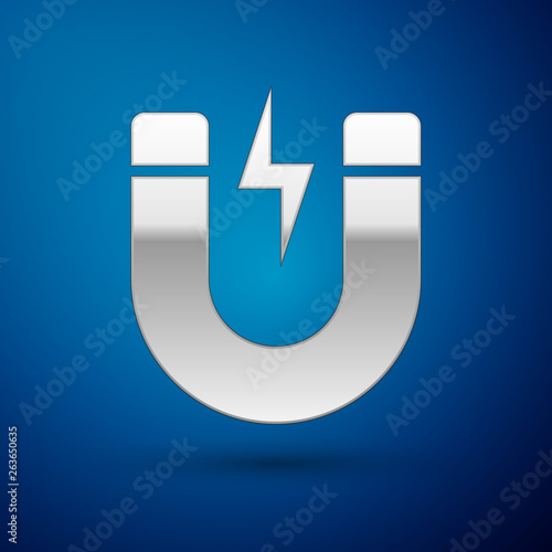 Silver Magnet with lightning icon isolated on blue background. Horseshoe magnet, magnetism, magnetize, attraction sign. Vector Illustration