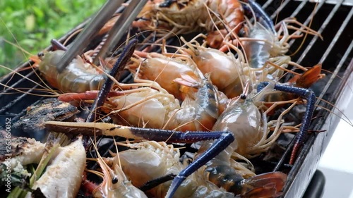 River prawns grilled on a picnic grill, hot fire