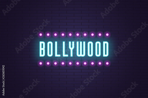 Neon composition of headline Bollywood. Neon Text