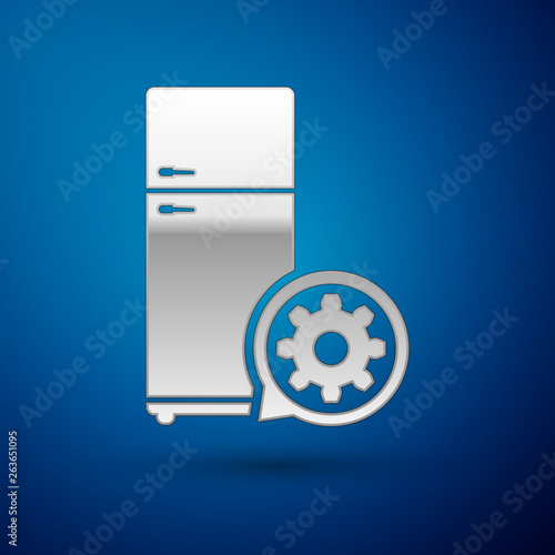 Silver Refrigerator and gear icon isolated on blue background. Adjusting app, service concept, setting options, maintenance, repair, fixing. Vector Illustration