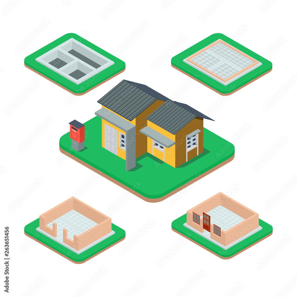 Isometric set stage-by-stage construction of a brick house. House ...