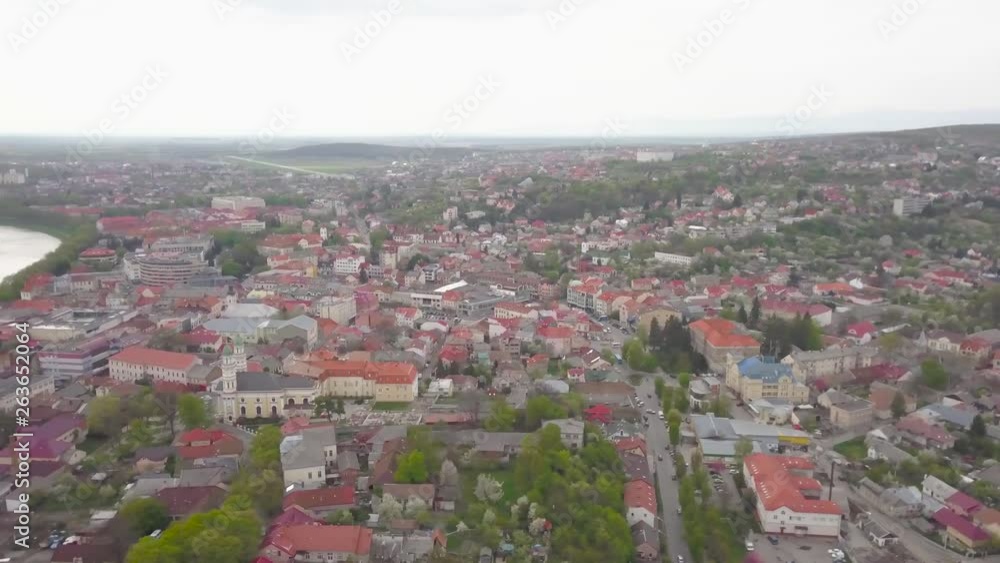 Drone Aerial Panorama of Uzhhorod Ukraine With River Which Divides City on Two Part Redidental Area and Buildings on Spring Day Drone Aerial Panorama of Uzhhorod Ukraine With River Which Divides City on Two Part Redidental Area and Buildings on Spring Day