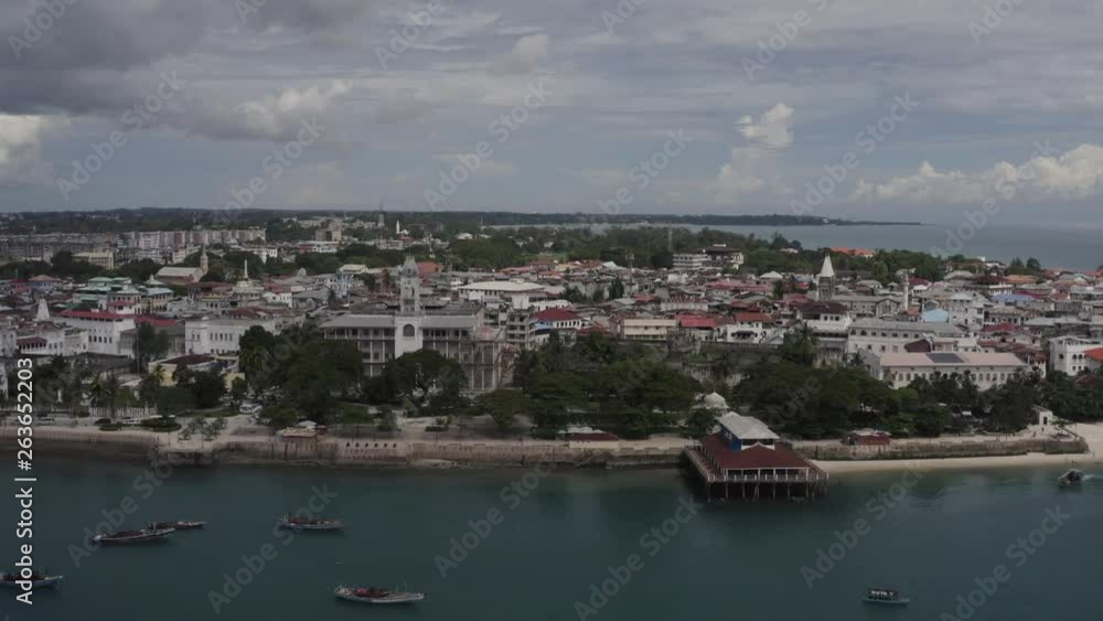 Stone town, Zanzibar, aerial view from seafront with a drone. Stone town, Zanzibar, aerial view from seafront with a drone.