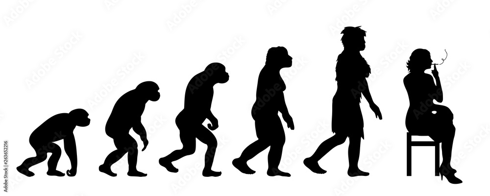 Painted theory of evolution of woman. Vector silhouette of homo sapiens. Symbol from monkey to smoker. Painted theory of evolution of woman. Vector silhouette of homo sapiens. Symbol from monkey to smoker.