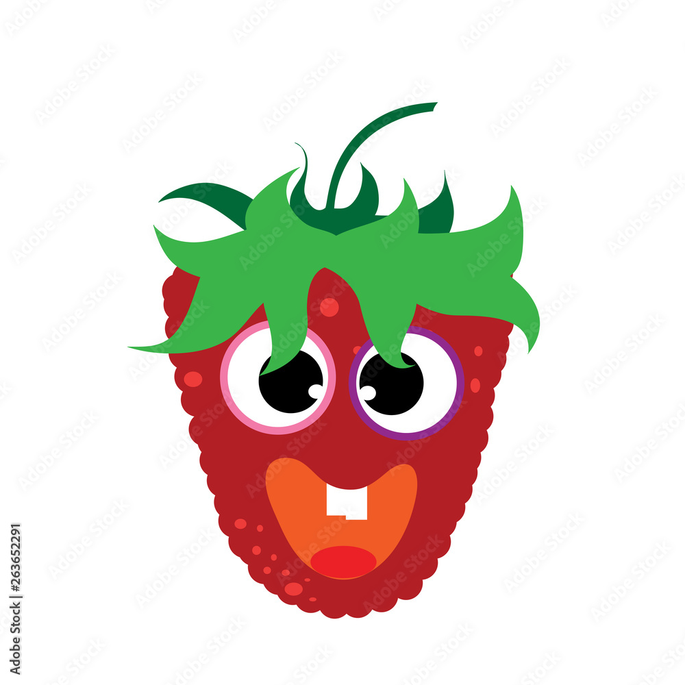 Painted vector illustration of happy raspberry with eyes and mouth on white background. Symbol of fruit,food,vegetarian,vegan.