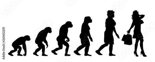 Painted theory of evolution of woman. Vector silhouette of homo sapiens. Symbol from monkey to shopping.