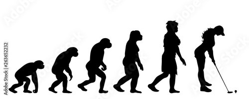 Painted theory of evolution of woman. Vector silhouette of homo sapiens. Symbol from monkey to golf player.