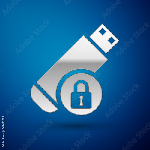 Silver USB flash drive with closed padlock icon isolated on blue background. Security, safety, protection concept. Vector Illustration