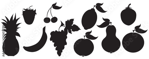 Painted vector silhouette of fruits on white background. Symbol of banana,pineapple,grapes,lemon,orange,cherry,apple, pear,strawberry, raspberry,food,vegetarian,vegan.