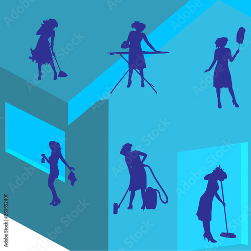 Vector silhouette of cleaning lady on the house. Symbol of home service.