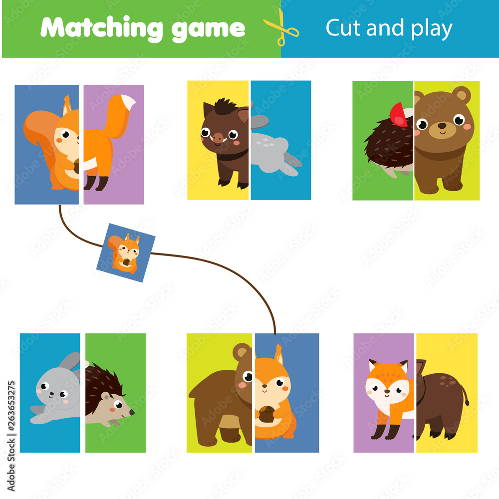 Matching children educational game. Match parts of forest animals. Learning  symmetry for kids and toddlers Stock Vector | Adobe Stock