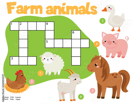 Educational game for children. farm animals crossword puzzle kids activity. learning english vocabulary.