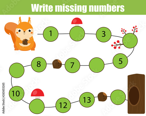 Mathematics educational game for children. Complete the row, write missing numbers. help squirrel find tree