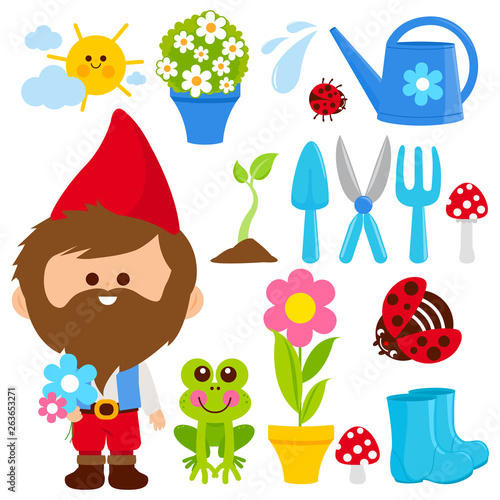 Gardening illustration collection with garden gnome and gardening tools in springtime. Vector illustration