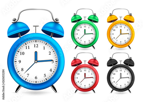 Alarm Clock 3D Realistic Set Design with Different Color Variations Like Blue, Green, Yellow, Red, and Black in White Isolated Background. Vector Illustration