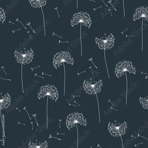 Floral pattern of dandelions. Seamless simple background with flying dandelion
