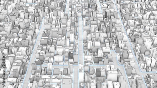Aerial View of abstract city background. Skyscrapers and small towns with wireframe details. City Buildings with blue lines and flashing lights. 3D Rendering. Seamless loop. 4k animation.