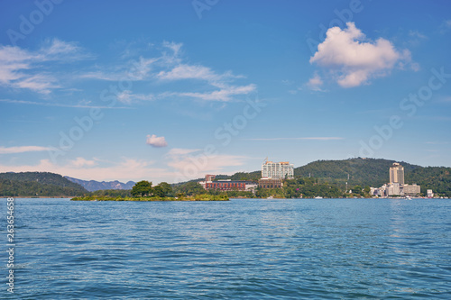 Beautiful nature scenics of Sun Moon Lake with the surrounding mountains are the highlight at this sprawling lake at Yuchi, Nantou in Taiwan.