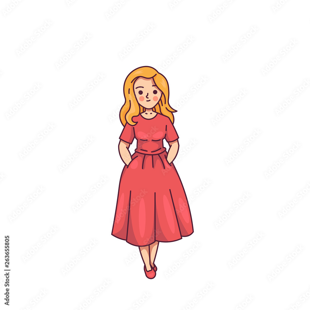 Beautiful Woman Smiling Posing in Red Dress Cute Character Beautiful Woman Smiling Posing in Red Dress Cute Character