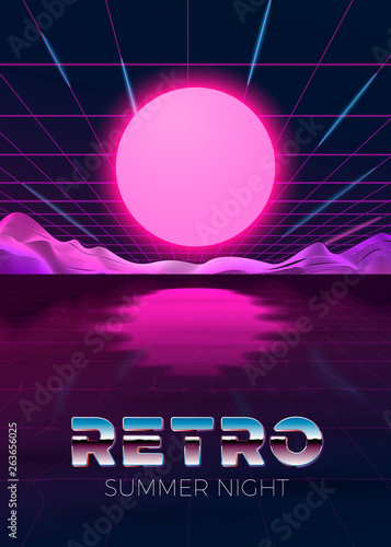 Vector poster design template in 80s retro futurism style, with futuristic digital sun over the river and mountains with reflection. Summer journey concept.