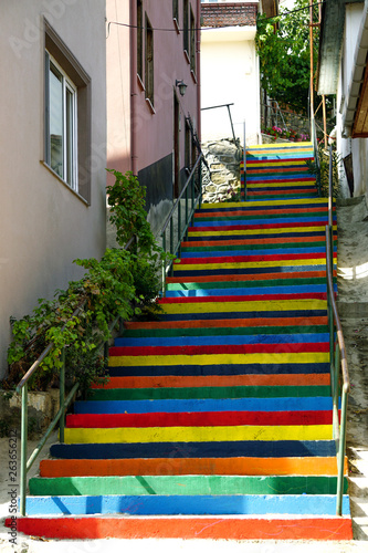 Colorfully painted stairs in Tirilye Bursa Turkey © Mehmet Doruk Tasci