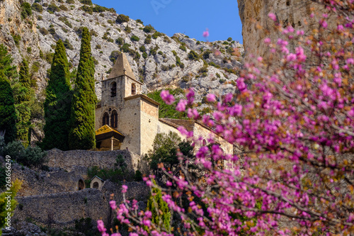 Vue sur la chapelle en haut de village Moustiers-Sainte-Marie au printemps. Fleurs d'Arbre de Judée  au premier plan.
