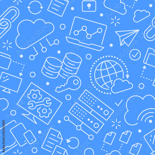 Cloud data storage seamless pattern with line icons. Database background, information storage, server center, global network, backup, security vector illustrations. Technology blue white wallpaper