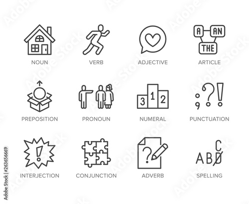 Grammar, education flat line icons set. Parts of speech verb, preposition, pronoun, adjective, interjection vector illustrations. Thin signs for english learning. Pixel perfect 64x64 Editable Strokes