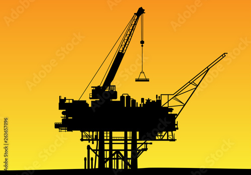 Offshore oil drilling installations with high crane machines are working