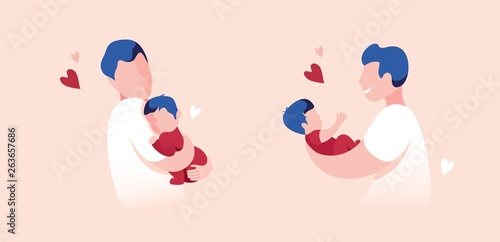 Vector Illustration Of Father Holding Baby Son In Arms. Cartoon Flat Illustration.