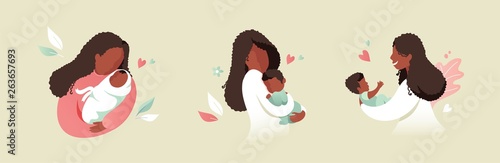 Vector Illustration Of African Black Mother Holding Baby Son Or Daughter In Her Arms. Cartoon Flat Illustration.