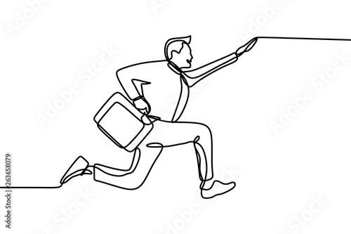 Success worker with office uniform jumping and joyful continuous one line drawing. Concept of person overcoming obstacles, withstanding adverse conditions and winning professional competition.