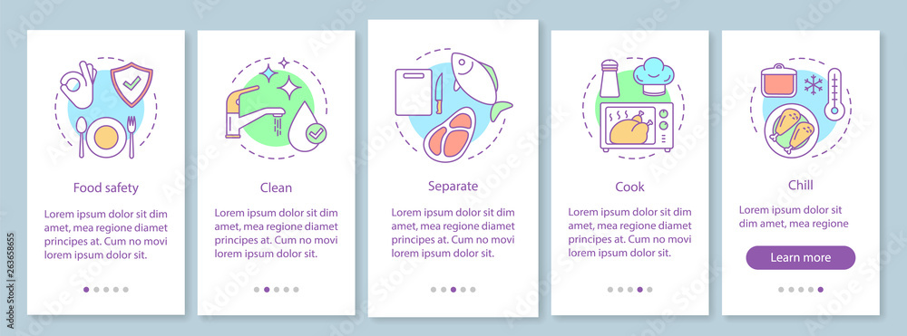 Food safety onboarding mobile app page screen vector template